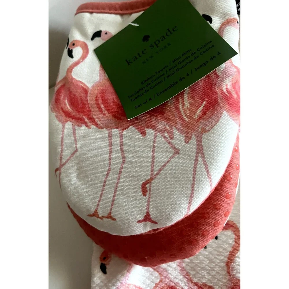 Kate Spade Flamingos Kitchen Dish Towels Mini Oven Mitts Set Pink Cotton 4 Piece